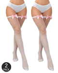 Two Packs Bow-Decorated Fishnet Thigh-High Stockings