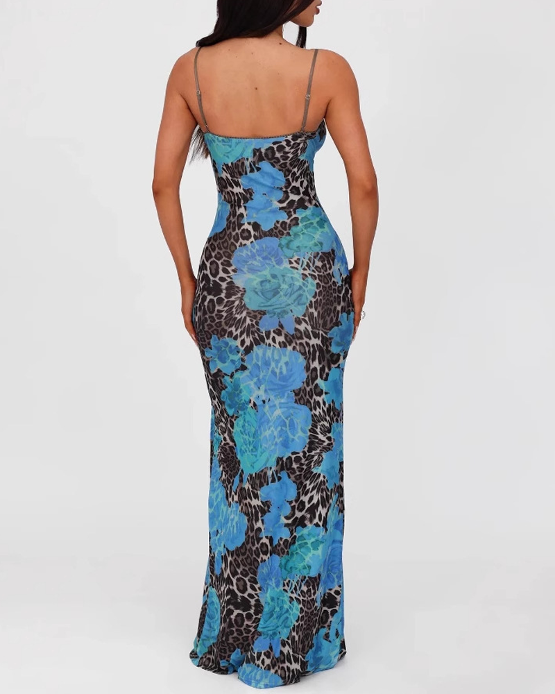 Leopard Print Contrast Color Spaghetti Strap Slim Fit Dress