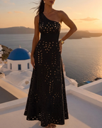 Black One-Shoulder Tummy Control Laser-Cut Floral Swimsuit Set