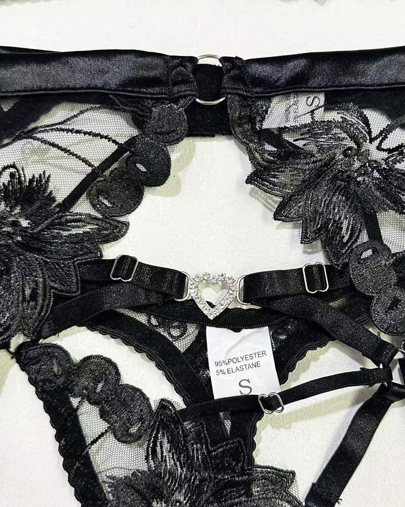 Sexy Embroidered Cutout Rhinestone Heart Halter Lingerie Set