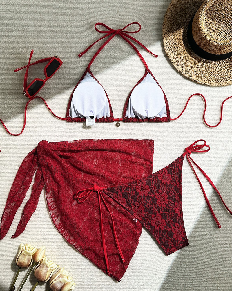 Sexy Lace Composite Fabric Mesh Bikini Set with Cover-Up Skirt