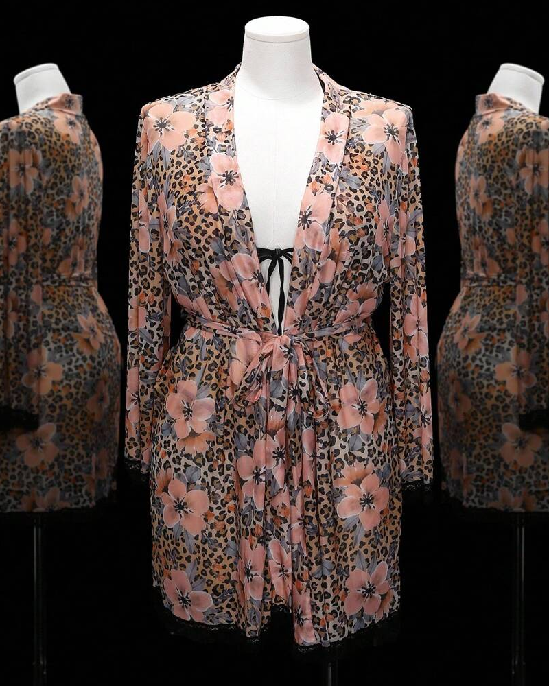 Floral Leopard Print Sheer Bikini & Robe Lingerie Set