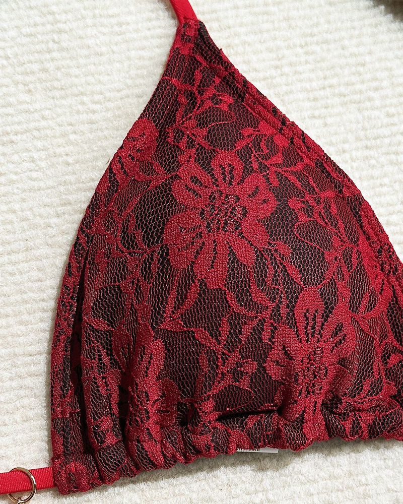 Sexy Lace Composite Fabric Mesh Bikini Set with Cover-Up Skirt