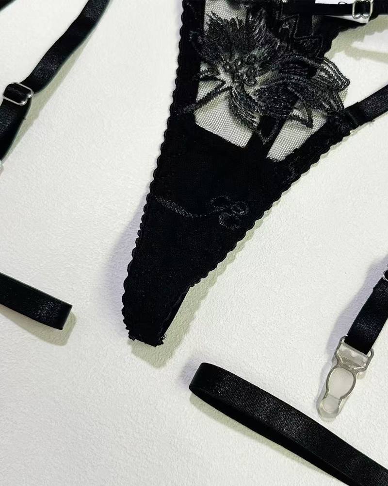 Sexy Embroidered Cutout Rhinestone Heart Halter Lingerie Set