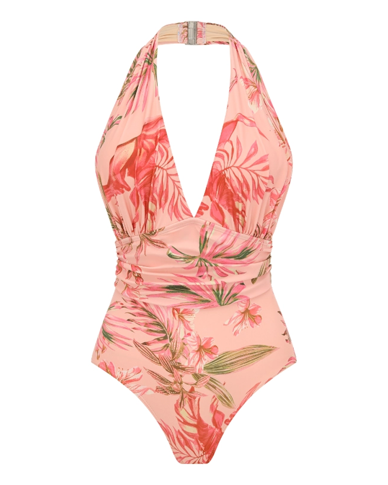 Sexy Pink Lily Print Swimsuit Set