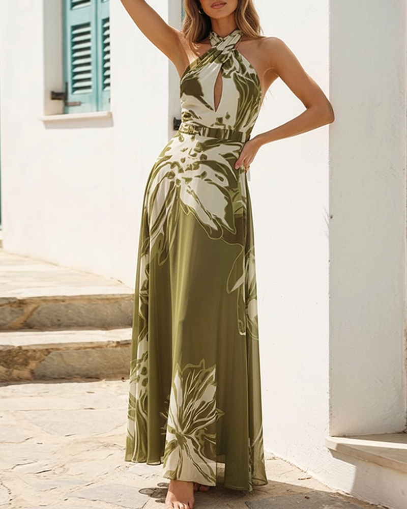 Green & White Halter Neck Swimsuit Set