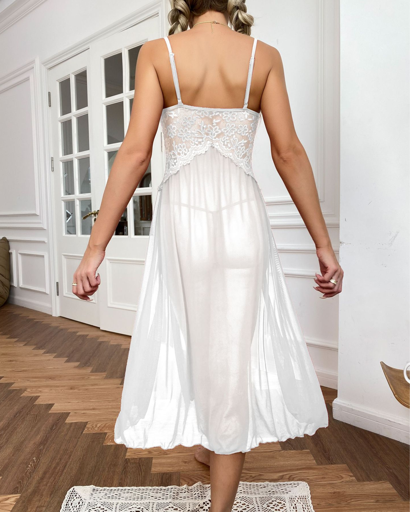 Sexy Sheer Mesh Deep V-Neck Lace Side Slit Slip Dress