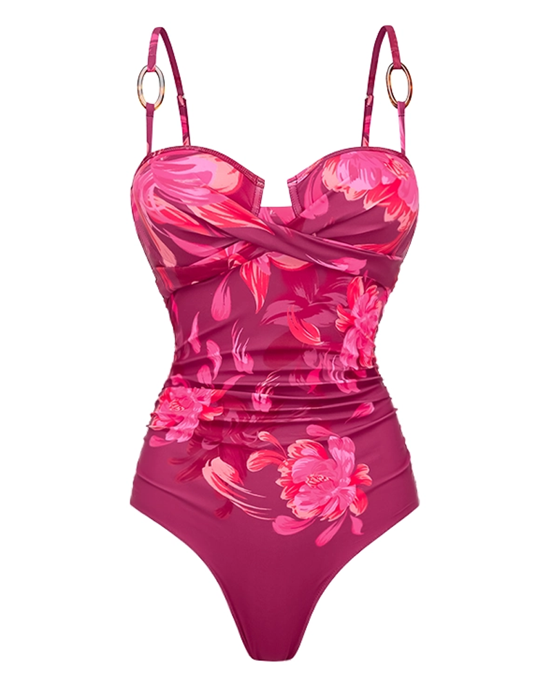 Sling Abstract Floral Print One Piece Swimsuit Set