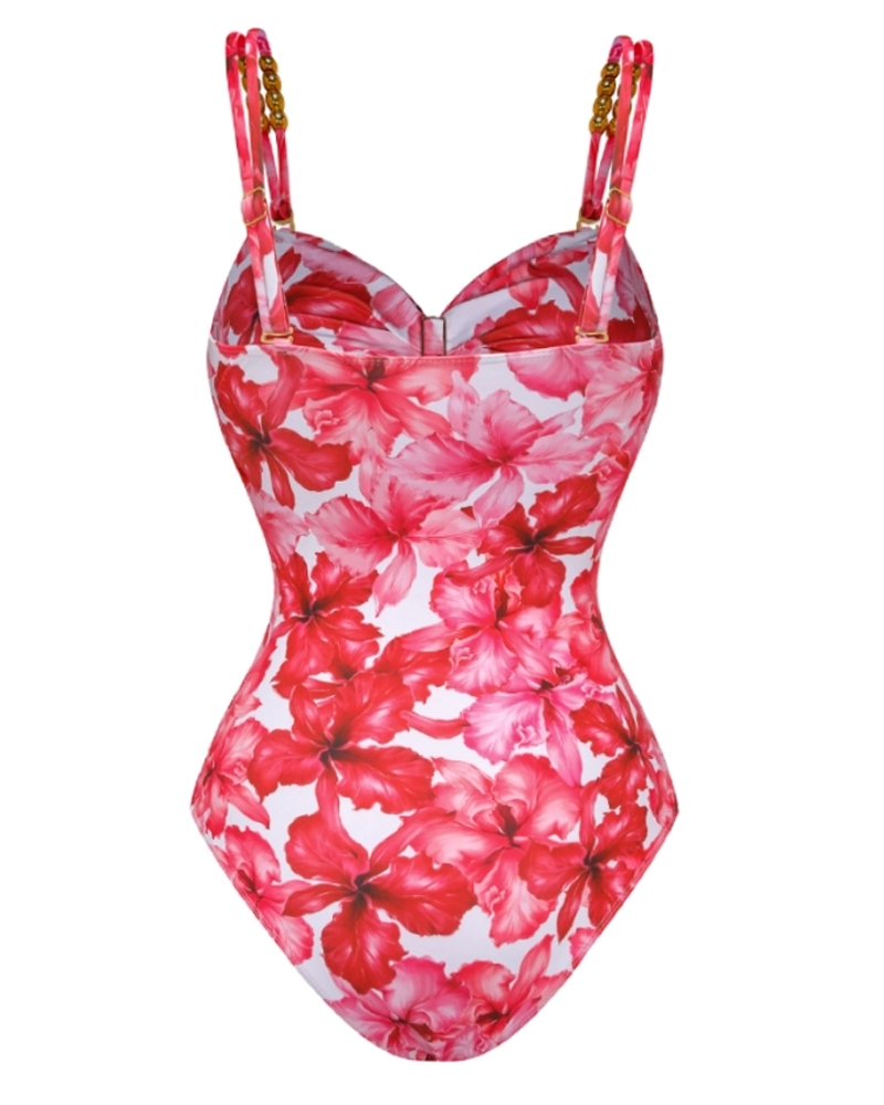Cutout Flower Print One Piece Swimsuit and Skirt Flaxmaker