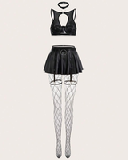 Sexy Cutout Faux Leather Mini Skirt Lingerie Set