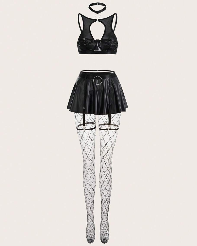 Sexy Cutout Faux Leather Mini Skirt Lingerie Set