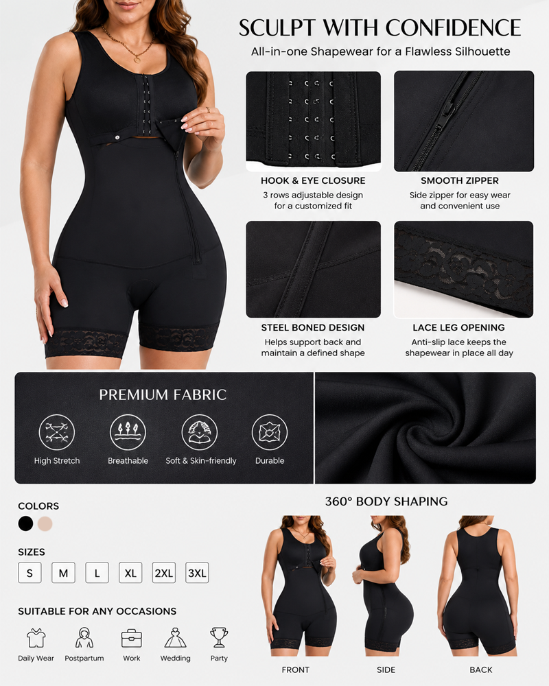 Full-Body Shapewear with Bust Support, Tummy Control & Side Zipper