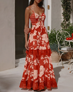 Bandeau Red Flower Print Cut Out Splicing Swimsuit Set