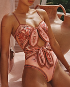 Bow-detailed Paisley Print Swimsuit set