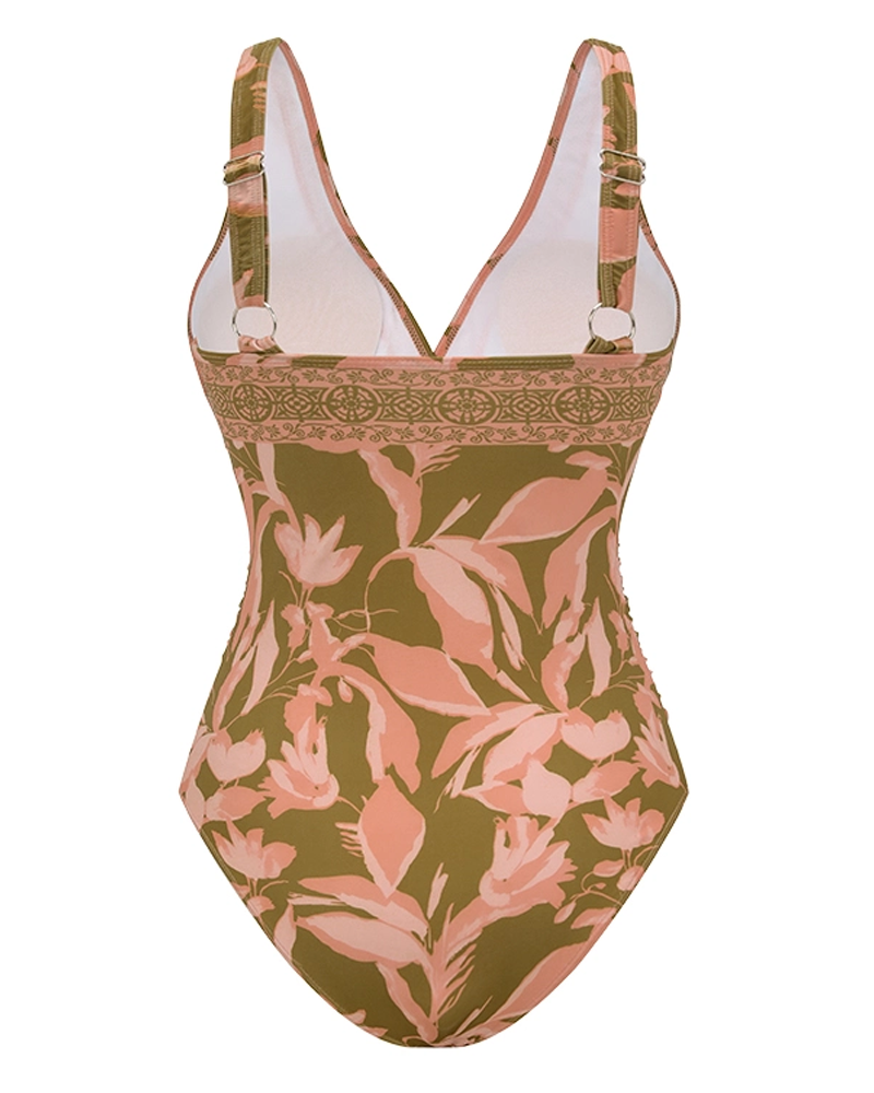 V Neck Mesh Splicing Print Swimsuit Set