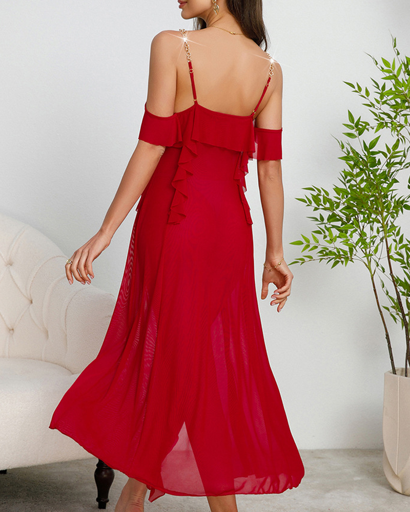 Sequin Mesh Ruffle Metal Chain Strap Nightdress