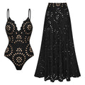 Black Laser Cutting Flower Hollow One Piece Swimsuit and Skirt