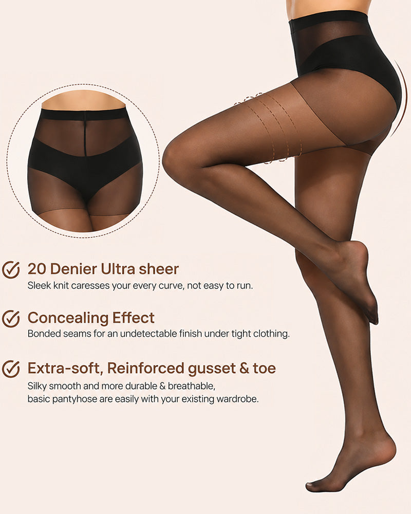 2-Pack 20D High-Waisted Sheer Silky Nylon Pantyhose