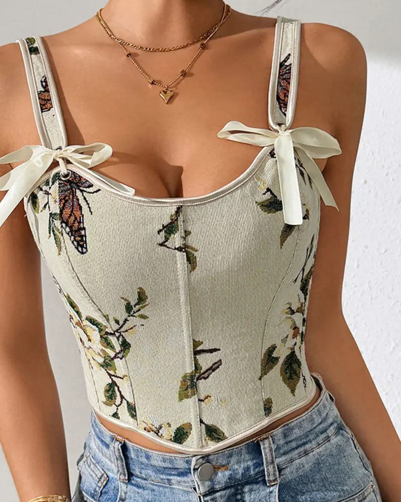 French Style Bow Lace-Up Floral Sexy Body Shaper Women's Sling Printed Slim-Fit Vest Corset