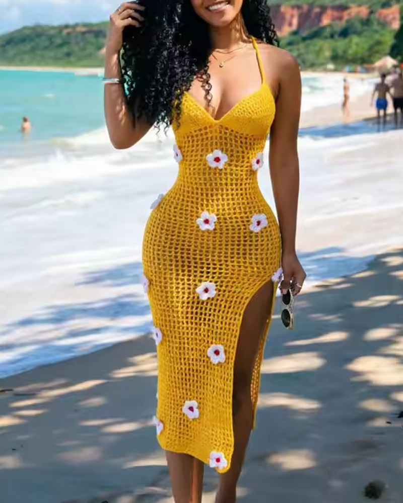 Women’s Knitted Crochet Spaghetti Strap Slit Beach Maxi Dress