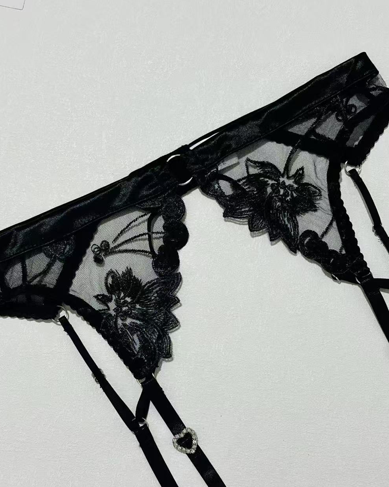 Sexy Embroidered Cutout Rhinestone Heart Halter Lingerie Set