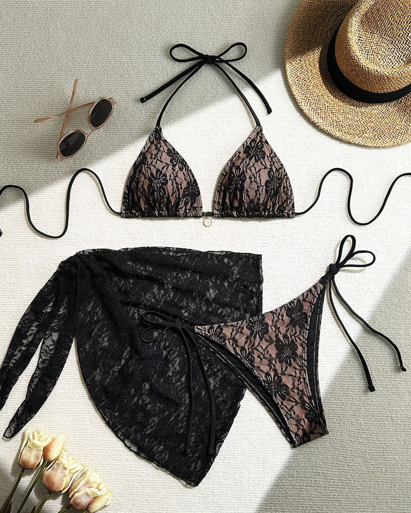 Sexy Lace Composite Fabric Mesh Bikini Set with Cover-Up Skirt