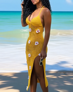Women’s Knitted Crochet Spaghetti Strap Slit Beach Maxi Dress