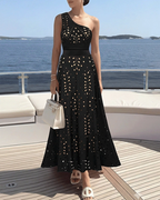 Black One-Shoulder Tummy Control Laser-Cut Floral Swimsuit Set