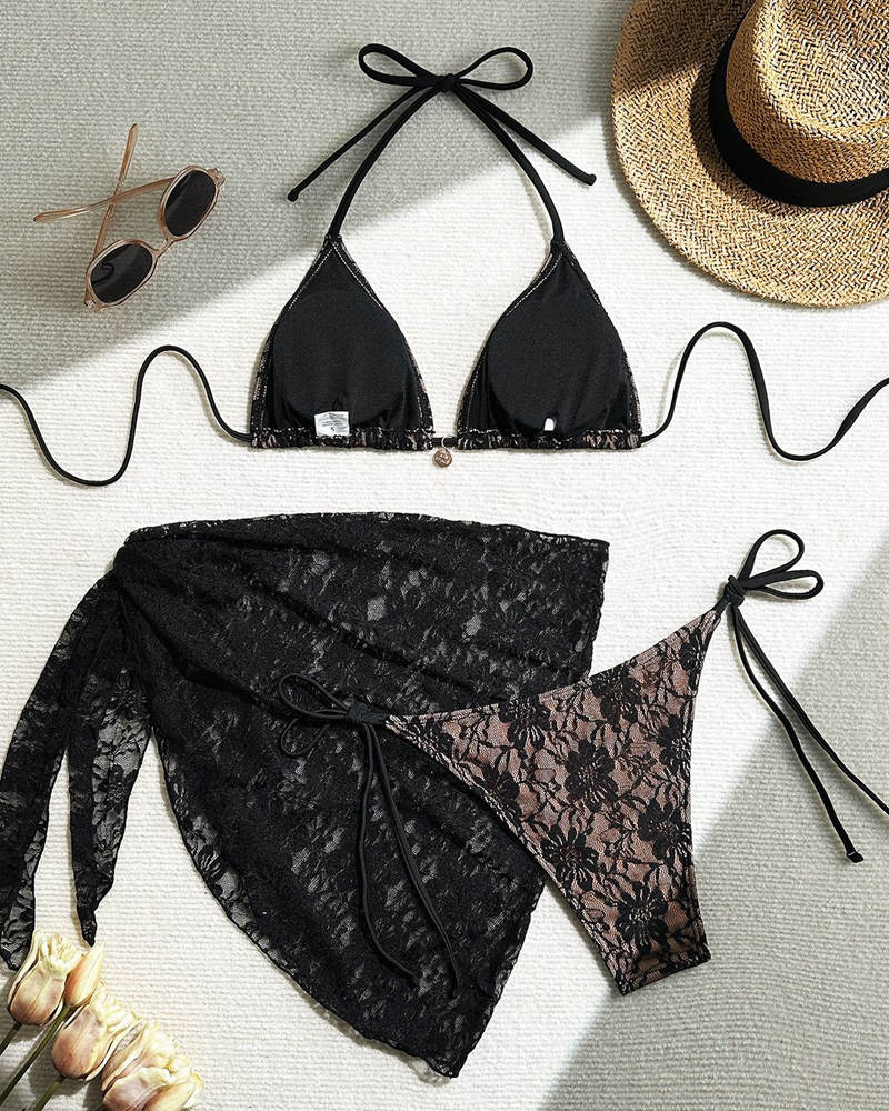 Sexy Lace Composite Fabric Mesh Bikini Set with Cover-Up Skirt