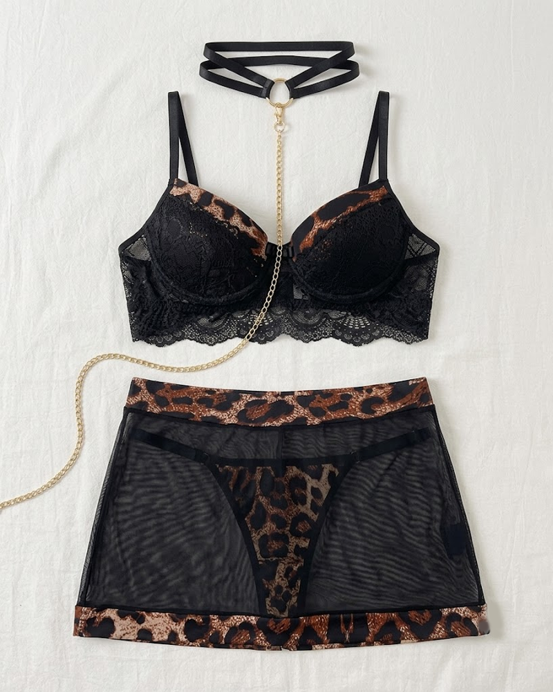 Sexy Lace Mesh Leopard Print Sheer Mini Skirt Lingerie Set