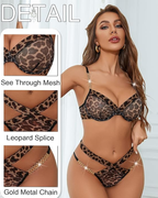 Sexy Leopard Print Sheer Mesh Chain Strap Lingerie Set