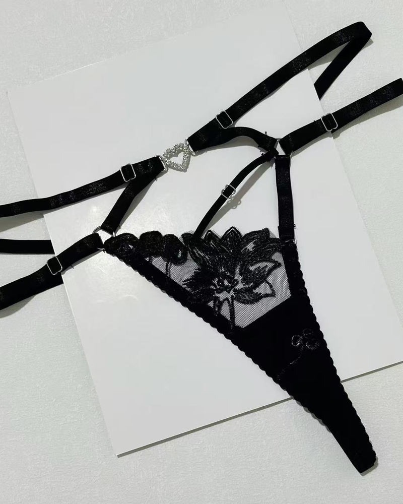 Sexy Embroidered Cutout Rhinestone Heart Halter Lingerie Set