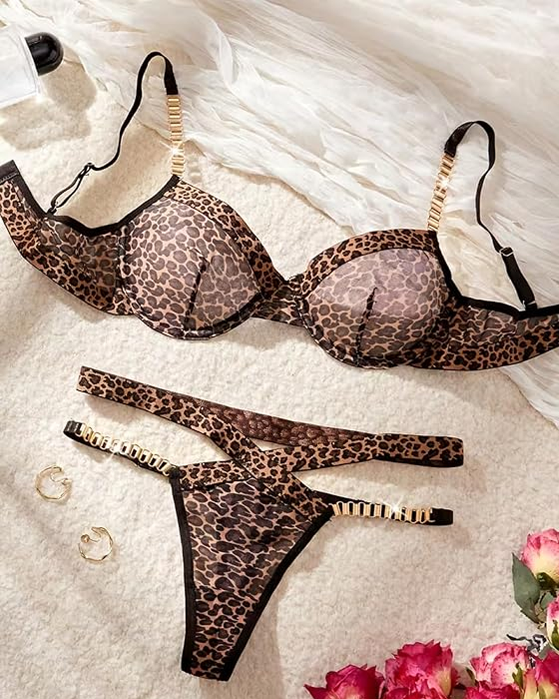 Sexy Leopard Print Sheer Mesh Chain Strap Lingerie Set