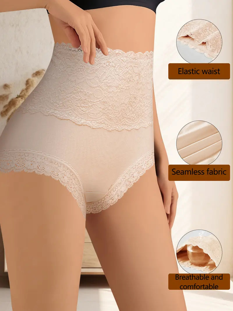 Women's High-waisted Tummy-controlling Lace Cotton Comfortable Breathable Panties
