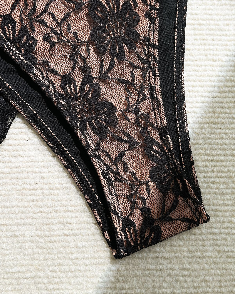 Sexy Lace Composite Fabric Mesh Bikini Set with Cover-Up Skirt