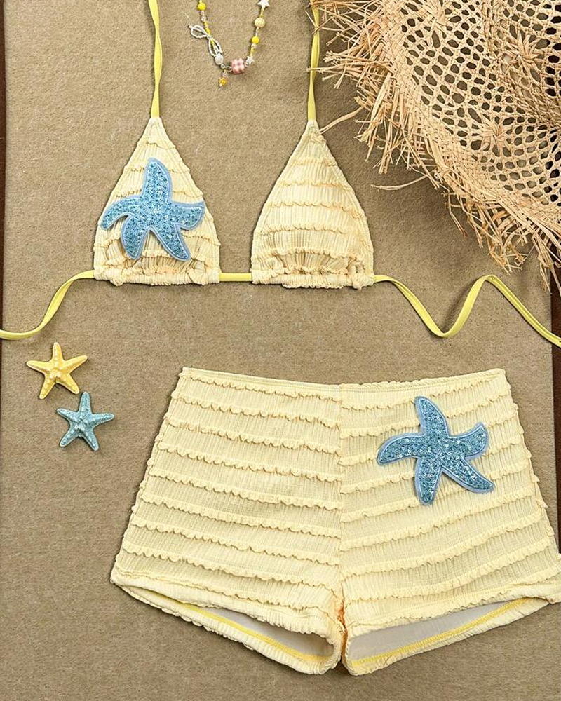 Halter Neck Starfish Sequin Embroidered Two-Piece Bikini Set