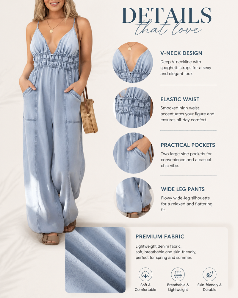 Women’s Casual Sexy V-Neck Denim Jumpsuit with Spaghetti Straps