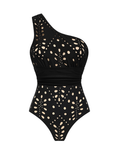 Black One-Shoulder Tummy Control Laser-Cut Floral Swimsuit Set