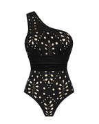 Black One-Shoulder Tummy Control Laser-Cut Floral Swimsuit Set