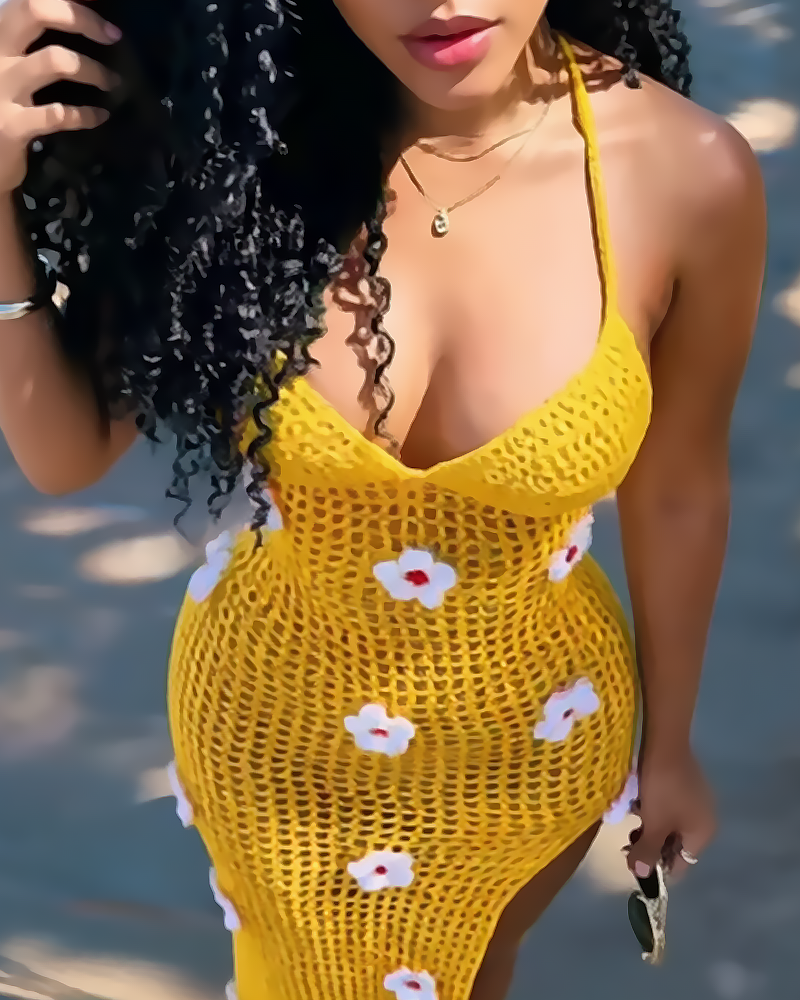 Women’s Knitted Crochet Spaghetti Strap Slit Beach Maxi Dress
