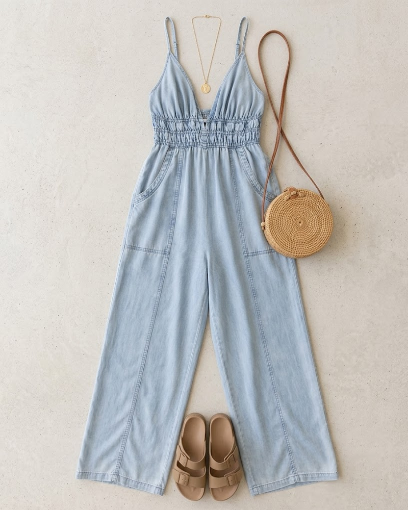 Women’s Casual Sexy V-Neck Denim Jumpsuit with Spaghetti Straps