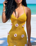 Women’s Knitted Crochet Spaghetti Strap Slit Beach Maxi Dress