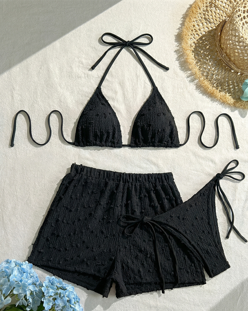 Minimalist Solid Halter Bikini Set with Shorts