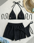 Minimalist Solid Halter Bikini Set with Shorts