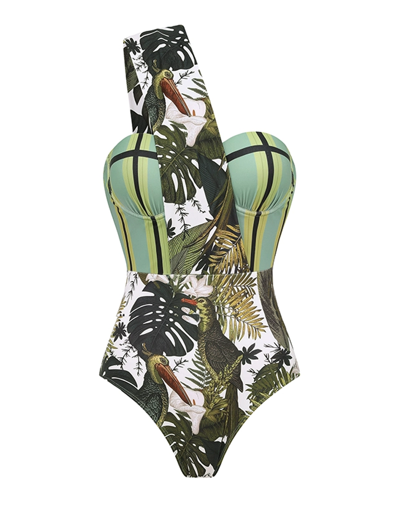 Adjustable shoulder straps Green Print Swimsuit Set