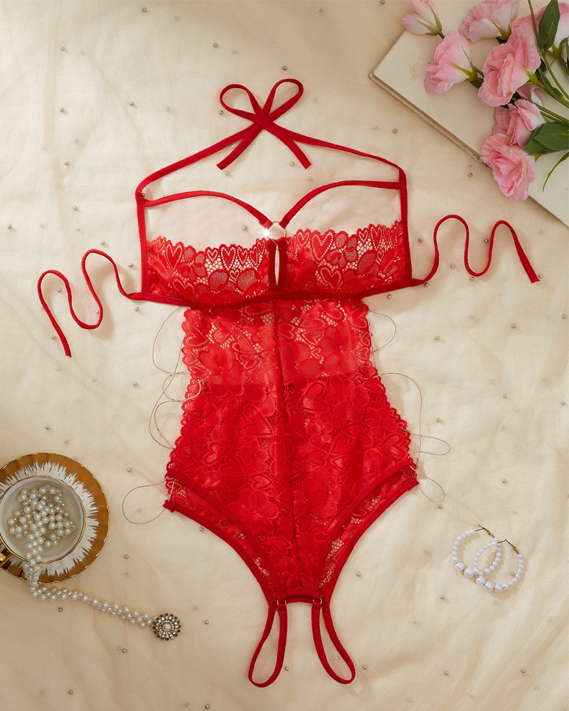 Sexy Lace Sheer Demi-Cup Open-Crotch Teddy