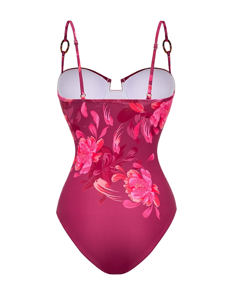 Sling Abstract Floral Print One Piece Swimsuit Set
