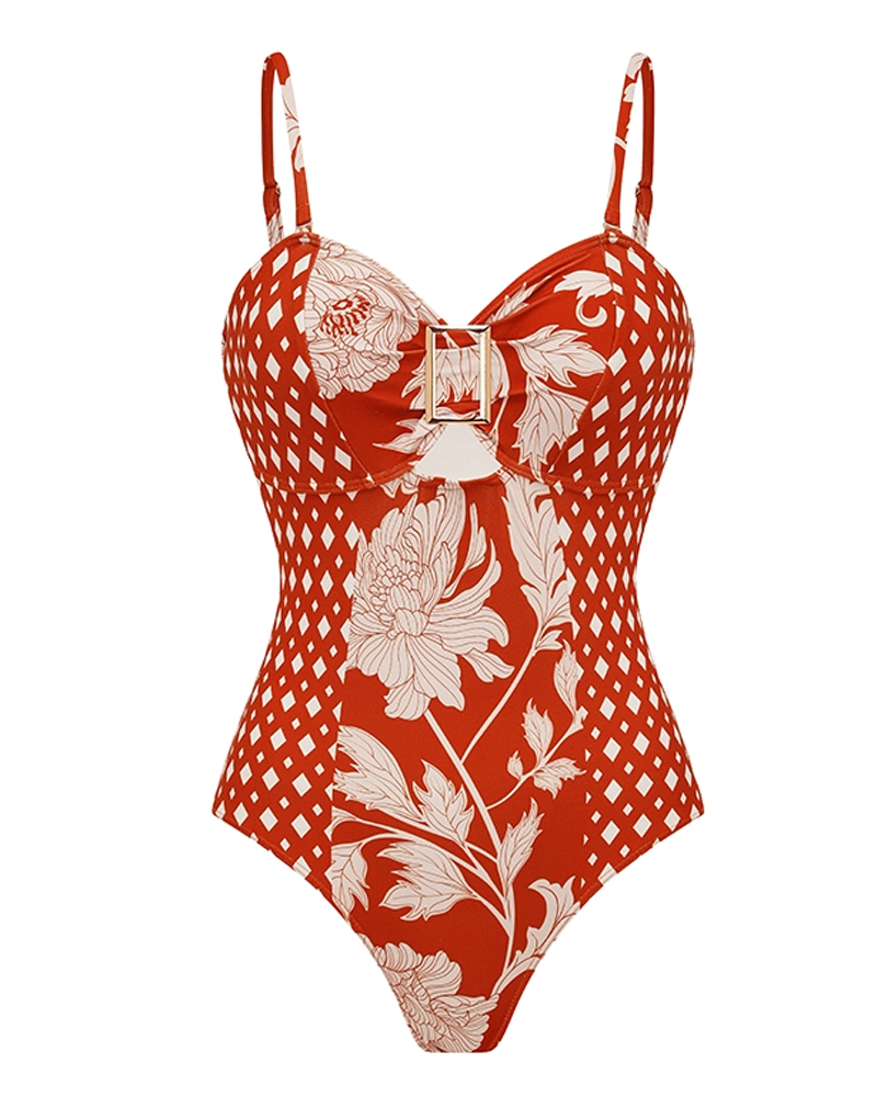 Bandeau Red Flower Print Cut Out Splicing Swimsuit Set