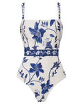 Adjustable Straps Blue & White Floral Print Swimsuit Set