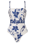 Adjustable Straps Blue & White Floral Print Swimsuit Set